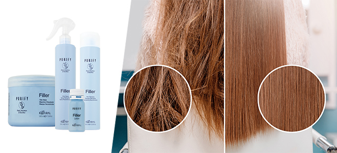 Purify Filler System to kuracja która jak “botoks” działa od wewnątrz przez wypełnienie włosa oraz naprawę uszkodzonych włókien włosa dla osiągnięcia natychmiastowego efektu anti-aging. Synergia Kwasu Hialuronowego, który aktywuje nawilżenie poprzez zabezpieczenie przed utratą wody i Keratyny, która przywraca strukturę proteinową, pozwala na kompleksową kurację wypełniającą. Dokonując transformacji włosów przywracając im właściwą nienaruszoną strukturę i pierwotną objętość. Efektem są błyszczące i widocznie zregenerowane włosy.