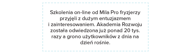 Pierwsze tygodnie funkcjonowania platformy już za nami. Wszystko wskazuje na to, że szkolenia on-line od Mila Pro fryzjerzy przyjęli z dużym entuzjazmem i zainteresowaniem. Akademia Rozwoju została odwiedzona już ponad 20 tys. razy a grono użytkowników z dnia na dzień rośnie. Do platformy dołączają licznie Salony Partnerskie, współpracujące z marką Mila Pro, ale również osoby spoza programu partnerskiego. Jest to dowód na to, że Akademia spełnia swoją nadrzędną funkcję – gromadzi społeczność stylistów, którzy dążą do realizacji swoich zawodowych celów. Na fryzjerów czekają szkolenia video, zapisy ze spotkań na żywo oraz videoprezentacje produktów Mila Pro.