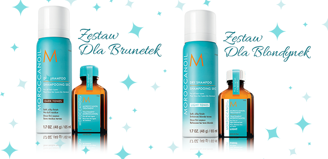 Dla brunetek: •	Suchy Szampon do Włosów Ciemnych 65 ml •	Kuracja Moroccanoil 15 ml  Dla blondynek: •	Suchy Szampon do Włosów Jasnych 65 ml •	Kuracja Moroccanoil Light 15 ml 