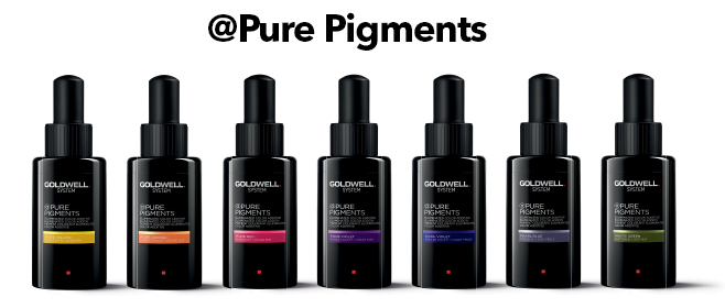 Ostatnim z produktów jest @Pure Pigments, inaczej pigmenty zamknięte w buteleczce. Osiem niezwykle trwałych pigmentów do mieszania z farbami i tonerami. Technologia niełączenia się pigmentów w jednej mieszance daje efekt odbijania światła, przez co kolor jest bardziej intensywny, a blond zdecydowanie bardziej opalizujący. Każdy pigment to inna wielkość cząsteczki, dzięki czemu kolor zakotwicza się w innej partii włosa, a my zyskujemy efekt HD.