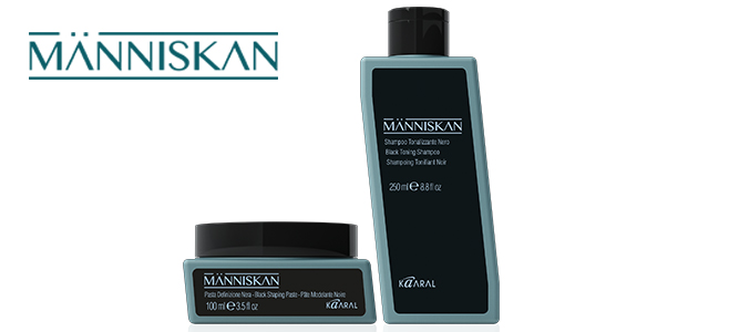 Aby podtrzymać efekt po koloryzacji, proponujemy linię produktów Manniskan do użytku domowego; Czarny Szampon Tonujący oraz Czarną Pastę Definiującą. Produkty te zawierają naturalny, czarny węgiel. Niwelują niepożądane żółte refleksy oraz dyskretnie tuszują siwiznę, dodatkowo ożywiają włosy i chronią przed promieniami UV.