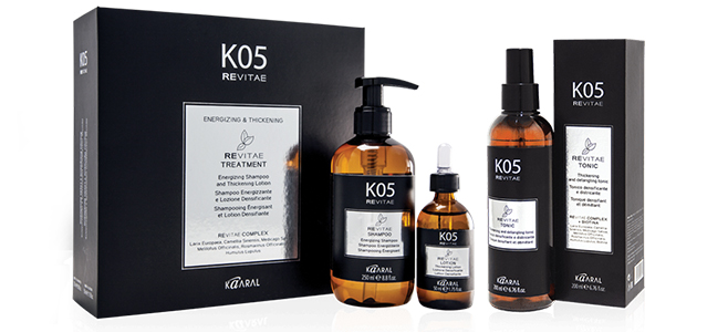 Marka KAARAL oferuje najbardziej zaawansowaną technologicznie, profesjonalną linię produktów trychologicznych K05 REVITAE. W gamie tej znajdziemy szampon oraz lotion do wzmocnienia i zagęszczenia włosów. Bez parabenów, silikonów, glutenu i alkoholu. Wysoka skuteczność i jakość została potwierdzona przez badania kliniczne.