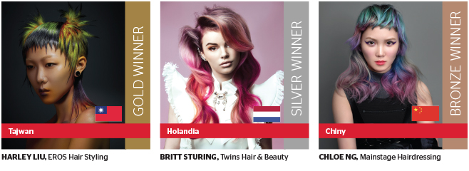 Kategoria New Talent Colorist Of The Year GOLD: HARLEY LIU, EROS Hair Styling, Tajwan  SILVER: BRITT STURING, Twins Hair & Beauty, Holandia BRONZE: CHLOE NG, Mainstage Hairdressing, Chiny