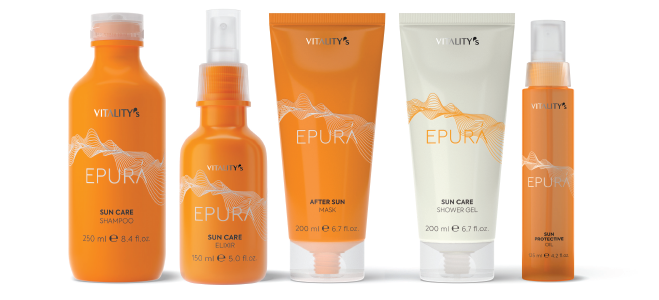 Vitality’s posiada kompleksową linię słoneczną Epura, stworzoną w synergii z naturalnymi aktywnymi składnikami z alpejskich gór, które pielęgnują i odżywiają włosy podczas letnich miesięcy.
