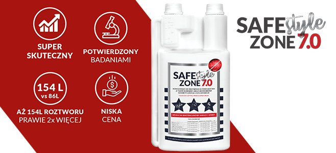 Safe Zone 7.0 Style to nowy, polski produkt na rynku profesjonalnej dezynfekcji, koncentrat przygotowany do jednoczesnego mycia i dezynfekcji powierzchni, a także narzędzi i akcesoriów kosmetycznych i fryzjerskich. 