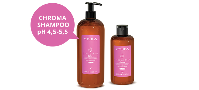 CHROMA SHAMPOO pH 4,5-5,5 Szampon do włosów farbowanych. Oczyszcza skórę głowy i włosy. Nadaje nawilżenie, miękkość i połysk. 91% naturalnych składników w formule.