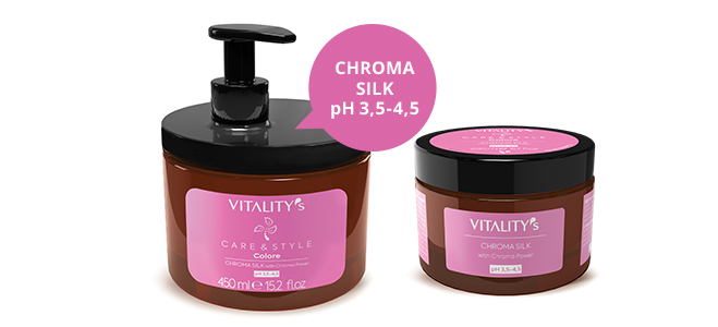 CHROMA SILK pH 3,5-4,5 Maska żelowa do włosów farbowanych. Jej kwaśne pH domyka łuski włosa, wzmacniając połysk i kolor. Żelowa konsystencja łatwo się aplikuje, nie obciążając włosów. Nawilża i rewitalizuje włosy, pozostawiając je miękkie i łatwe do rozczesania. 94% naturalnych składników w formule.