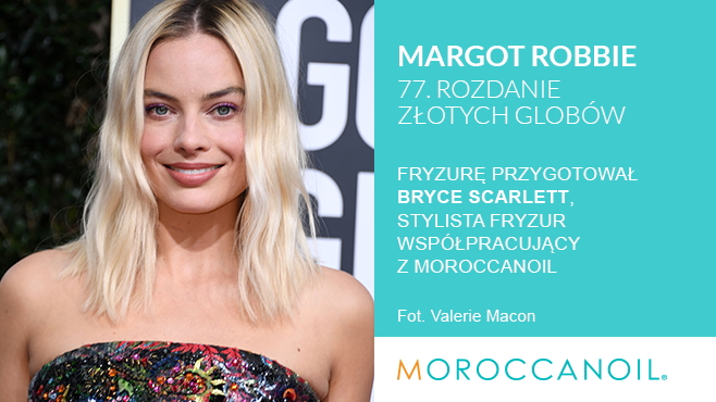 Aktorka Margot Robbie w uczesaniu stworzonym przez stylistę gwiazd współpracującego z Moroccanoil
